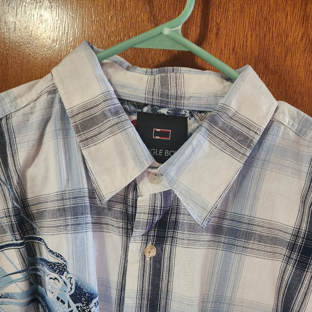 Men's 2XL Bugle Boy White/Blue Plaid Graphic Short Sleeve Button Down Shirt